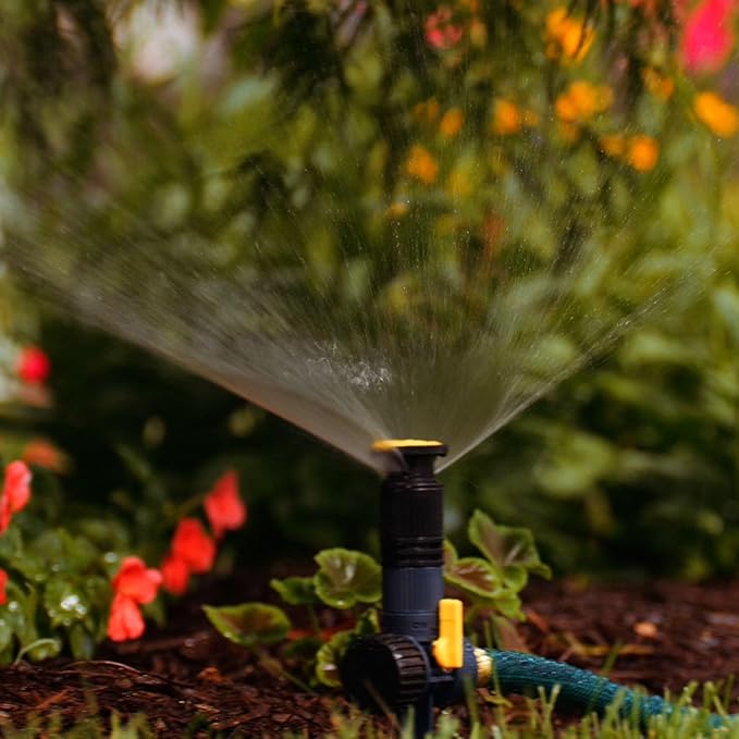 Melnor 65185AMZ Multi-Adjustable Spike Sprinkler, 3-Pack W/Quick Connect Bundle, Flow Through Base, Black, Grey, Yellow