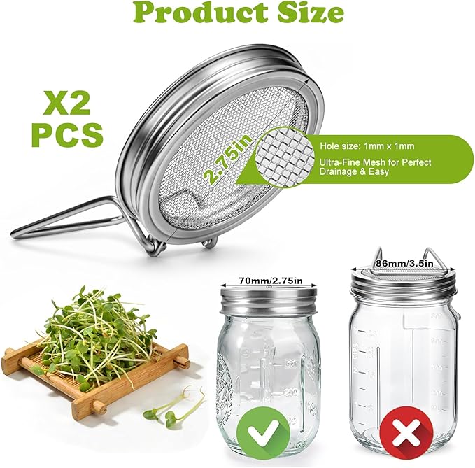 Palksky Sprouting Lids for Regular Mouth Mason Jars, 2Pack Reusable Stainless Steel Screen Bean Sprouts Growing Lid for Organic Alfalfa Broccoli Seeds Mung Bean Plant Germination Kits