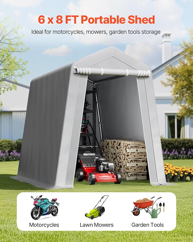 VEVOR Portable Shed Outdoor Storage Shelter, 6x8x7 ft Heavy Duty Instant Waterproof Storage Tent Sheds with Roll-up Zipper Door and Ventilated Windows for Motorcycle, Bike, Garden Tools