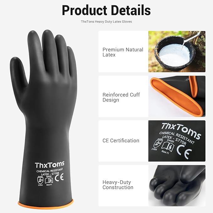 ThxToms Heavy Duty Latex Gloves,Long Rubber Gloves, Chemical Resistant Gloves,Puncture Resistant, Resist Acid,Oil,Alkali, Waterproof for Industrial Cleaning, Gardening,14", 1 Pair