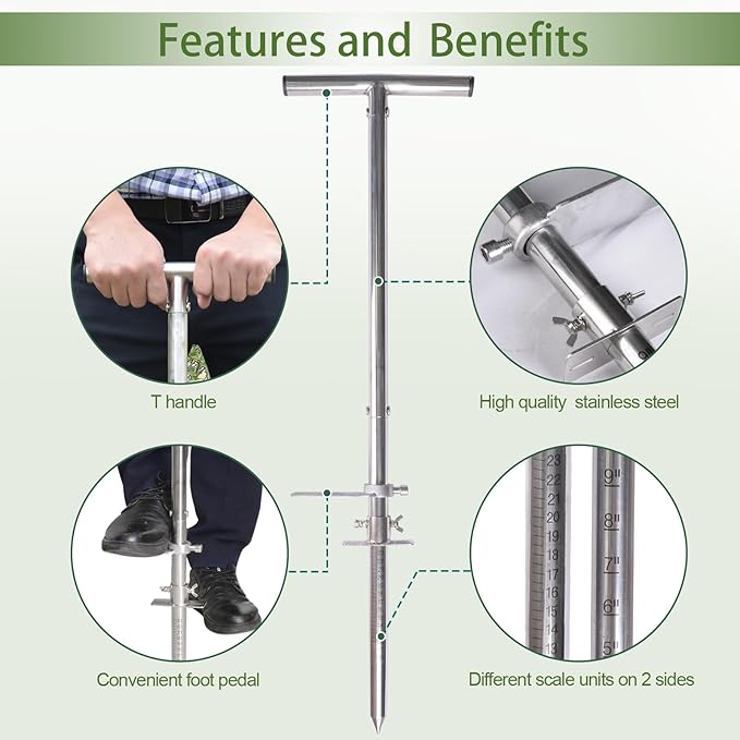 Dibble Bar Planting Tool with Foot Pedal, T-Handle Stainless Steel Bulb Planter Tool, Long Dibbler Gardening Tool Digging Bar Point