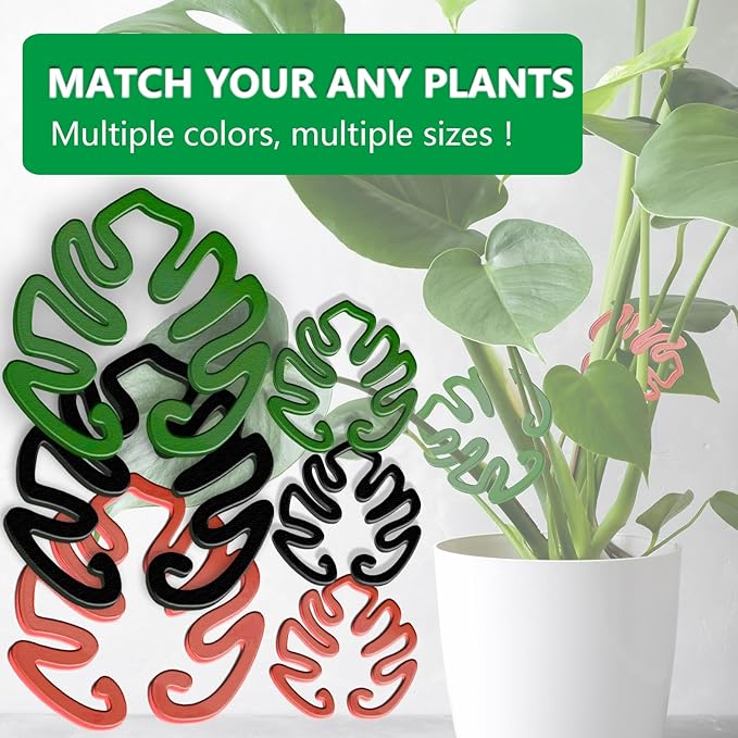 4PACKS Unique & Aesthetic Monstera Leaf Shape Grapple Plant Support, Grappler Rings, Plant Support Monstera with Ties, Keeps Plants Tame & Growing Vertical (red)