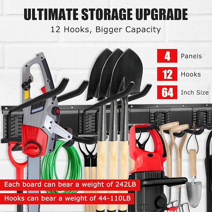 Heavy Duty Garage Tool Organizer Wall Mount, 64" Industrial Carbon Steel Storage Rack, 920LB Load Capacity, 12 Sliding Hooks for Garden Tools, Shovel, Rake, Ladder & Power Tools (4x16 Panels)
