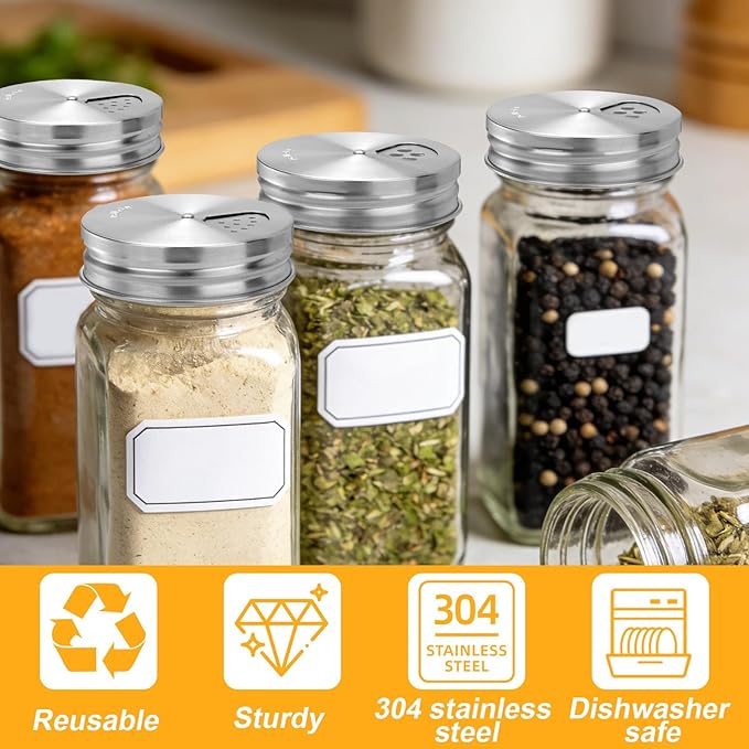 Palksky Mason Jar Spice Shaker Lids Stainless Steel, 8 Pack Regular Mouth Mason Canning Cap for Spices Coriander Seed Garlic/Rosemary Powder, Adjustable Tops Pour Spout Seasoning Shaker Dispenser