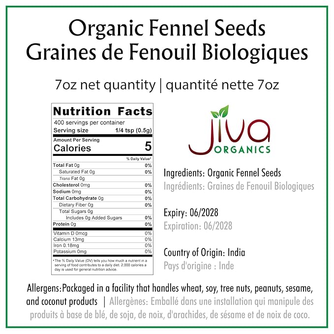 Jiva Organic Fennel Seeds 7 Oz Bag - Non-GMO, Certified, Vegan - Resealable Bag - Product of India