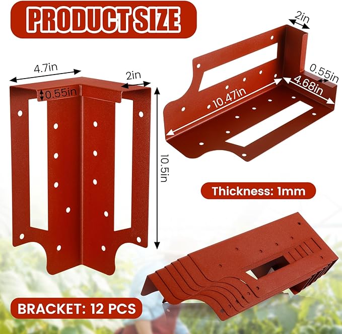 12 Pack Raised Garden Bed Corner Brackets with Securing Lip Fits Lumber up to 2" x 12" Metal Garden Corner Bracket for Wood Frame Bed 4.7" L x 2" W x 10.5" H (Sand Red)