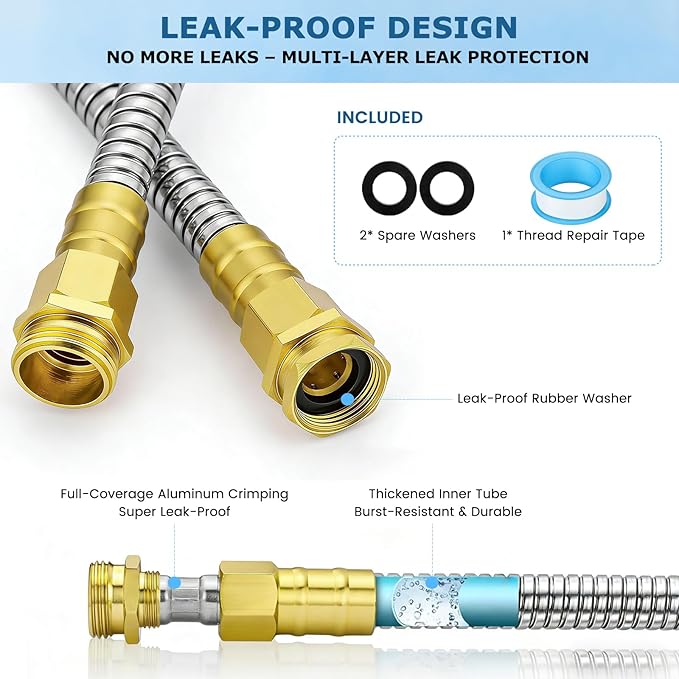 Short Stainless Steel Metal Garden Hose 5 ft, 3/4" Female to Male Solid Brass Connector, Small Leader Hose for Hose Reel, Durable, Flexible, Lightweight, Outdoor Water Hose Extension Adapter