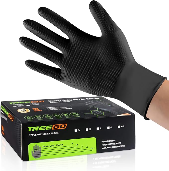 TREEGO Black Nitrile Gloves 10 Mil Heavy Duty Rubber Gloves - Raised Diamond Texture Grip for Mechanics & Industrial Work - Latex Free Disposable Gloves in Medium, 50 Count