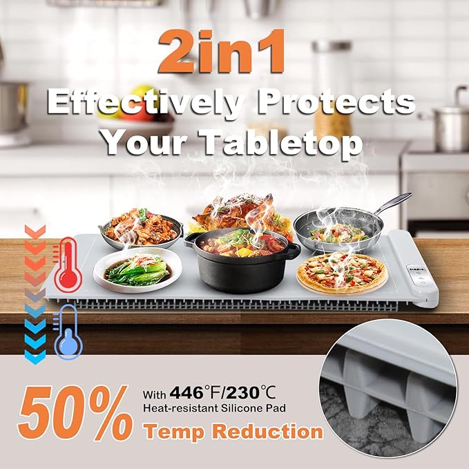 Food Warming Mat for countertop with heat insulation pad,6 Adjustable Temp & Timer Modes,Fast Even Heating, Auto Shut-Off, Portable Electric Heating Warming Tray for Parties Buffets Family Gatherings