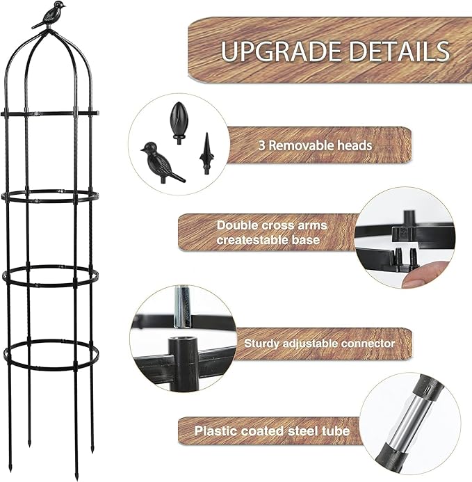 6.7FT Garden Obelisk Trellis for Climbing Plants Outdoor, Adjustable 5-Tier Metal Plant Support with 3 Decorative Tops, Black Rustproof Trellis for Roses, Tomatoes, Clematis & Vines