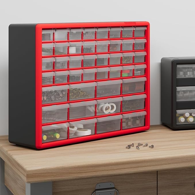 Akro-Mils 44-Drawer Plastic Drawer Storage Cabinet for Garage Organization, Bead Organizer, Building Bricks Storage, Teacher Toolbox, Makeup Organizer, 20-Inch W x 6-Inch D x 16-Inch H, 10144 Red