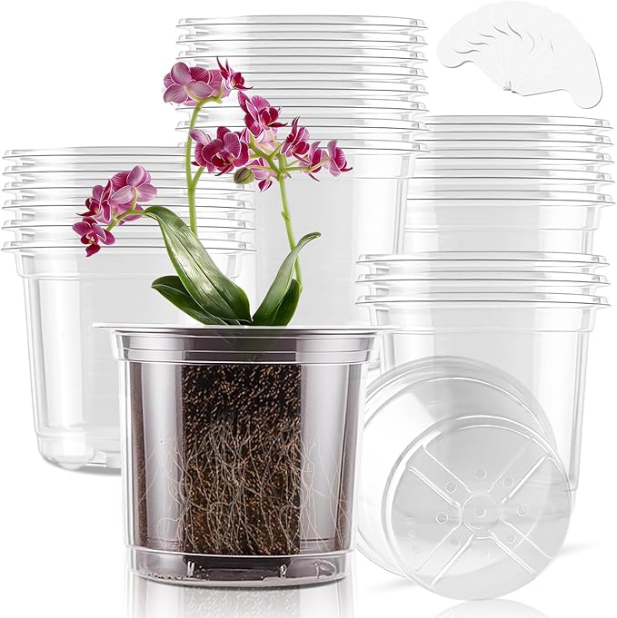 SupKing 6 Inch Clear Nursery Pots,20 Packs Large Plastic Seed Starters Durable Orchid Flower Pots with Drainage Holes for Transplanting Succulents Cuttings Seedlings Bonus 15 Labels