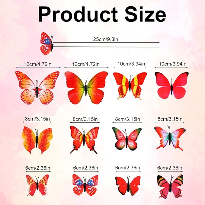 12pcs Decorative Butterfly Plant Stakes, 9.8in Lifelike Butterfly Garden Stakes PVC Waterproof Flower Pot Decorations for Garden Lawn Patio Indoor Outdoor Yard Planter Art Decor (Red)