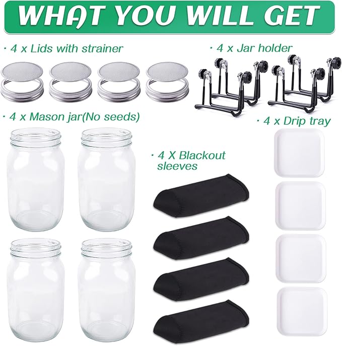 Kikerike Seed Sprouting Jar Kit with 4 Wide Mouth Mason Jars Bean Sprouts Growing Kit Microgreens Growing Jar with Mesh Screen Lids Sprouter Sprouts Maker for Growing Broccoli, Alfalfa, Mung Bean
