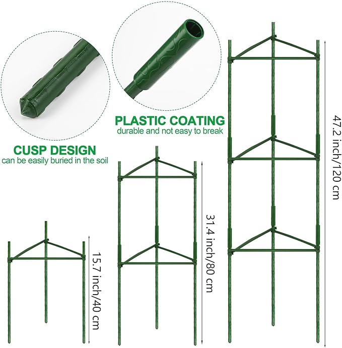 6 Pack Tomato Cages for Garden Plant Support Up to 48 Inches Assembled Vegetable Plant Cages Stakes Support Trellis with Clips and Twist Tie for Vertical Climbing Plants Flowers Fruit, Green