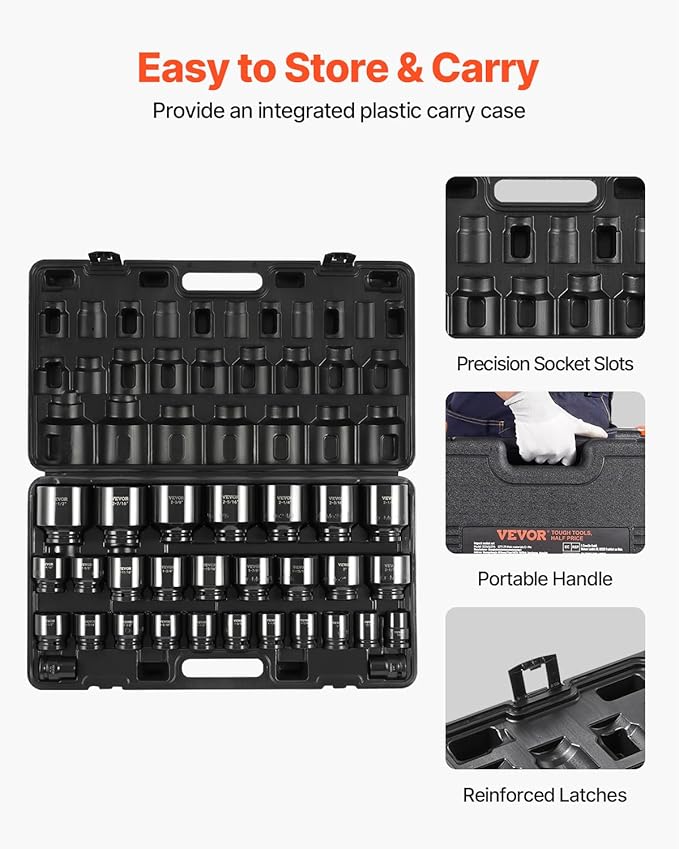 VEVOR Impact Socket Set 3/4 Inches 29 Piece Impact Sockets, 6-Point Sockets, Rugged Construction, CR-M0, 3/4 Inches Drive Socket Set Impact SAE 3/4 inch - 2-1/2 inch, with a Storage Cage