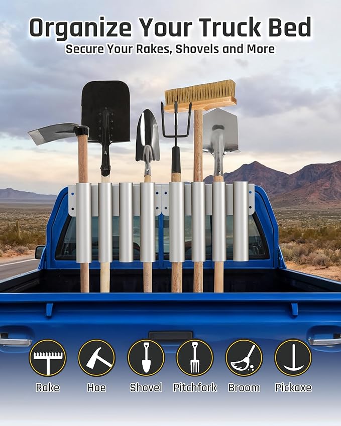 Wyckoff Heavy Duty 8-Hole Shovel Holder for Truck Bed & Trailer, Commercial Grade Steel Rack for Rake & Shovel, Secure Tool Box Mount Prevents Highway Loss for Landscaper, Gardener & Contractor
