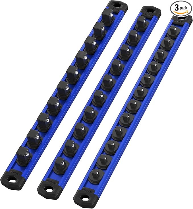 WORKPRO Magnetic Socket Organizer Set, 3-Piece Aluminum Alloy Socket Rail, Heavy Duty Socket Holder, Socket Rack Kit 1/4-Inch x 12 Clips, 3/8-Inch x 10 Clips, 1/2-Inch x 10 Clips (Blue)