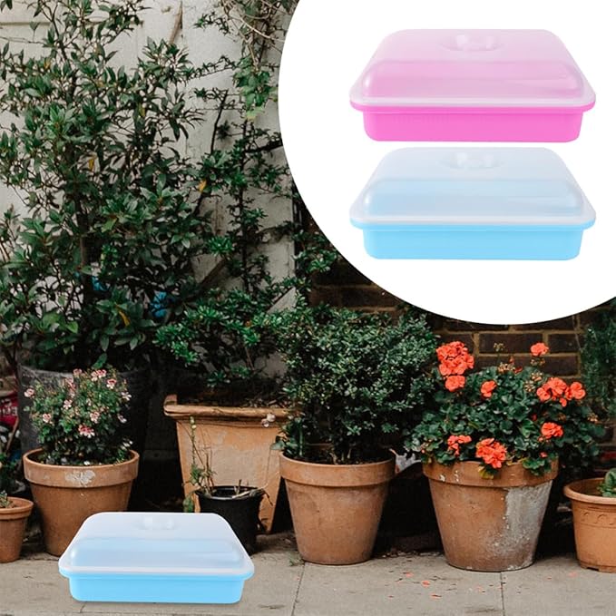 Vegetable Seedling Starter Trays with Lids, Cell Starter and Germination Trays Set for Indoor Gardening, Humidity Dome Covered Blue and Pink Nursery Pots for Plant Growth