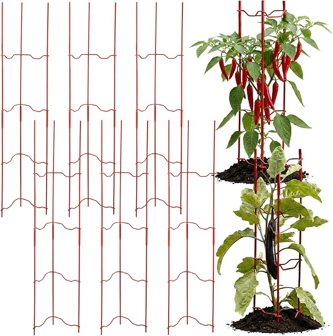 6 Pack Tomato Cage for Garden, 6" W x 6" D x 32" H Pepper and Eggplant Garden Stakes Metal Plant Support Sturdy V-Shape Trellis for Climbing Plants Vegetables Flowers Fruits