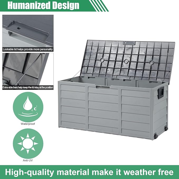 VINGLI 75 Gallon Resin Outdoor Deck Box, 75 Gallon Patio Storage Box with Side Handles, Lockable Storage Containers for Patio Furniture Cushions, Pool Accessories, Garden Tools, Grey