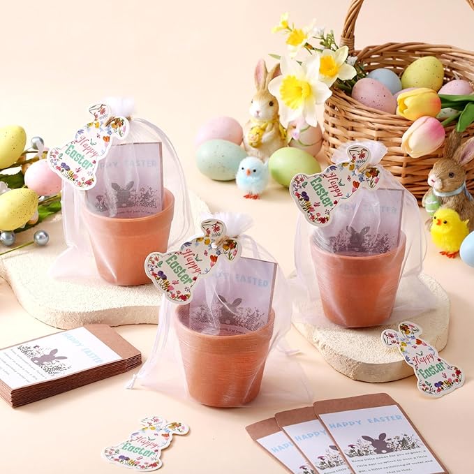 Ctosree 24 Sets Happy Easter Party Favors for Guests Easter Bunny Seed Packets Kit Including Self Adhesive Seed Packets Mini Flowerpots Bunny Tags Organza Bags for Basket Stuffers Gifts