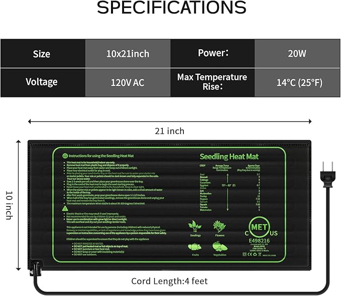 SYSAI 25°F Warm Boost Heat Mat, 21"x10" Waterproof Seedling Heat Pad for Faster Germination, Seed Starting, Hydroponic & Indoor Gardening, IP67
