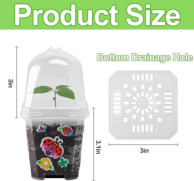 EBaokuup 10 Pack Clear Plant Nursery Pots with Humidity Dome-3" Reusable Plastic Gardening Pot with Printed Labels-Small Seed Starting Pots for Seedlings Vegetables Succulents Cuttings