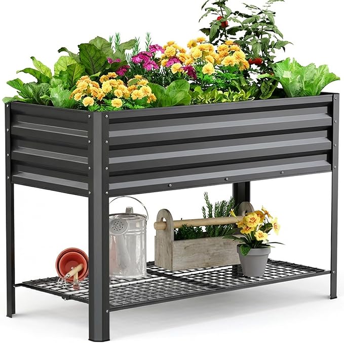 KING BIRD Large Raised Garden Bed with Legs & Storage Shelf Galvanized Elevated Planter Box for Backyard, Patio, Balcony, 400lb Capacity, Dark Grey 48×24×30 in