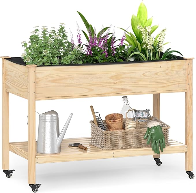 Giantex Mobile Raised Garden Bed, Wood Planter Box with Wheels, Storage Shelf & Liner, 47”x23”x33” Rolling Raised Bed for Indoor Outdoor Plants, Vegetables Flower Herbs Fruit Gardening