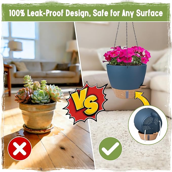 Self-Watering Hanging Planters with Water Level Window, 8/10 Inch Indoor Outdoor Hanging Plant Pots Includes Chain Hangers with Drainage Holes & Detachable Reservoir (Blue, 8+10 inch)
