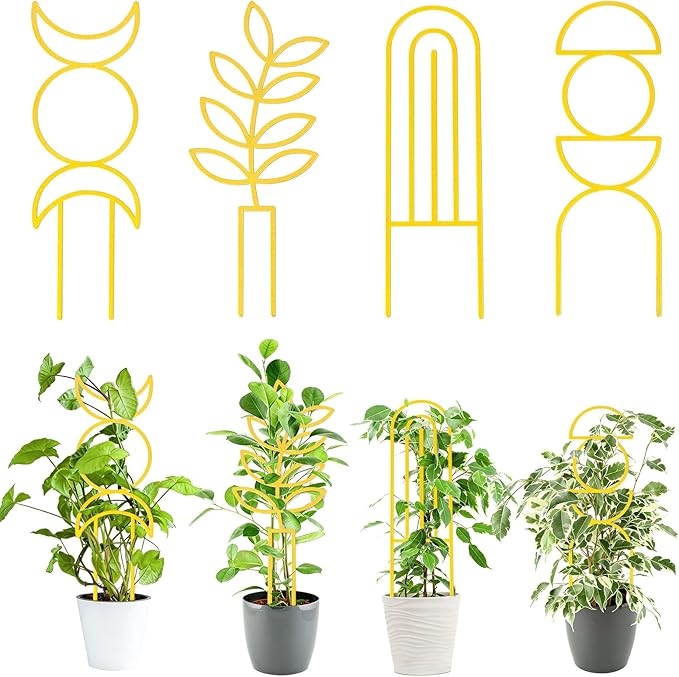 4 Pcs Indoor Plant Trellis for Climbing Plants, Small Trellis for Potted Plants, Garden Metal Trellis Plant Support Trellis with Different Patterns for Vine Ivy Flower (Boho,Gold)