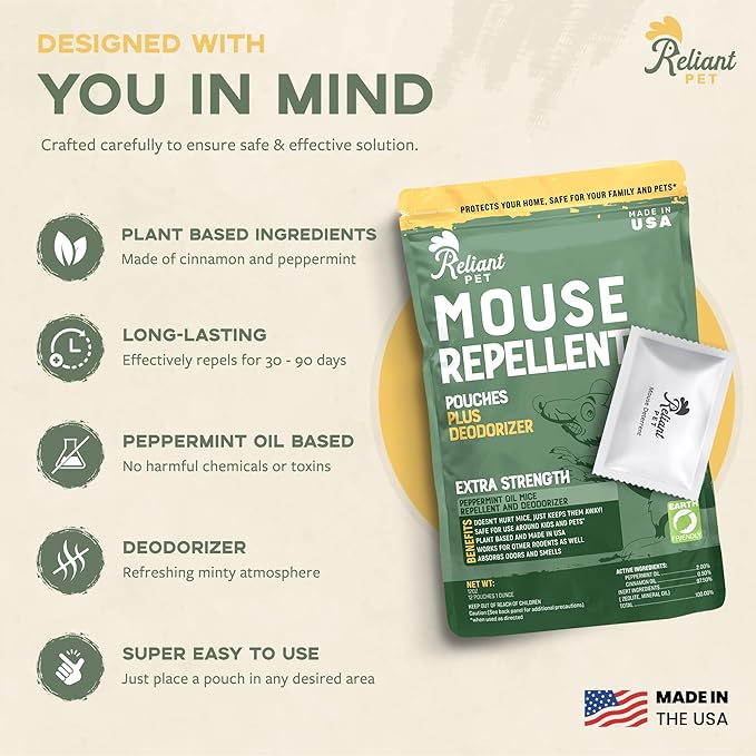 Mouse Repellent Pouches - Rodent Repellent Made in USA (12 Pouches) - Keep Rodents Out of Cars Engines - Mice Repellent Indoor and Outdoor - Mouse Deterrents That Work with Peppermint Oil
