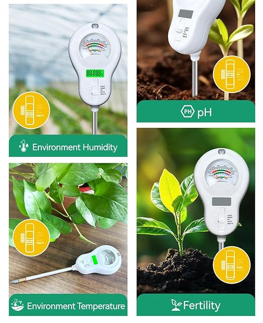 6in1 Multi-Function Soil Moisture Meters Tester Temperature/PH/Humidity/Moisture/Sunlight/Fertility Meter Soil Testing Analyzer Kit for Plants Farms Gardens Lawns Indoor Outdoor Plant Care