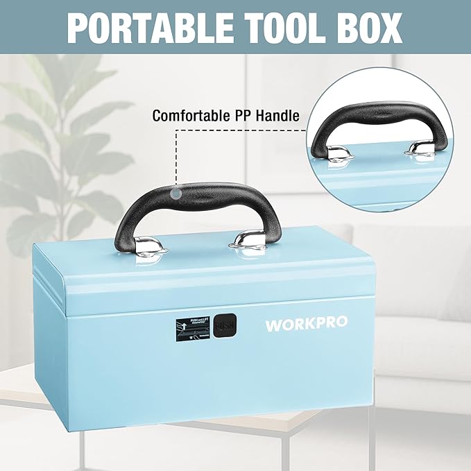 WORKPRO 10.8" Portable Mini Metal Tool Box with Removable Color-Matching Tray, One-Button Latch Toolbox, Steel Tool Chest with PP Handle, Compact Storage Organizer for Home, Office or Workshop