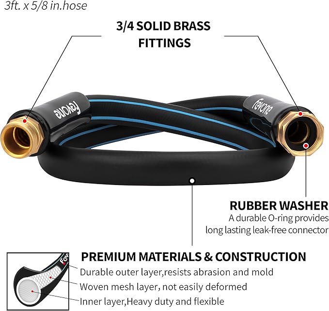 Fevone 3 ft Garden Hose Male to Female, Hose Reel Connector Hose 3 ft, Lead Hose for Hose Reel, 5/8 Inner Diameter Hose, 3/4 Brass Fittings