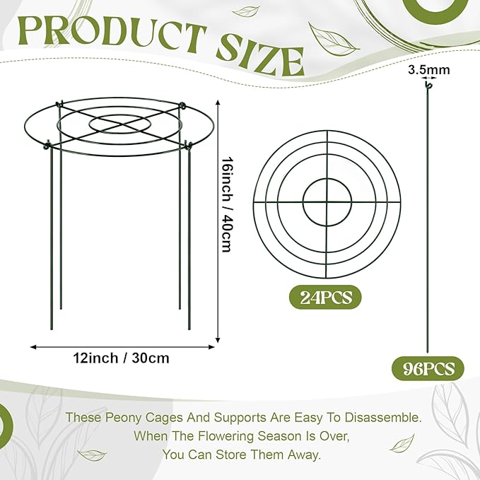 Geelin 24 Pack Peony Cages Bulk 12 x 16'' Peony Cage and Supports for Outdoor Plants Grow Through Heavy Duty Metal Plant Supports Frame Rings Hoops 4 Legs for Flowers Tomato Rose Hydrangea Strawberry