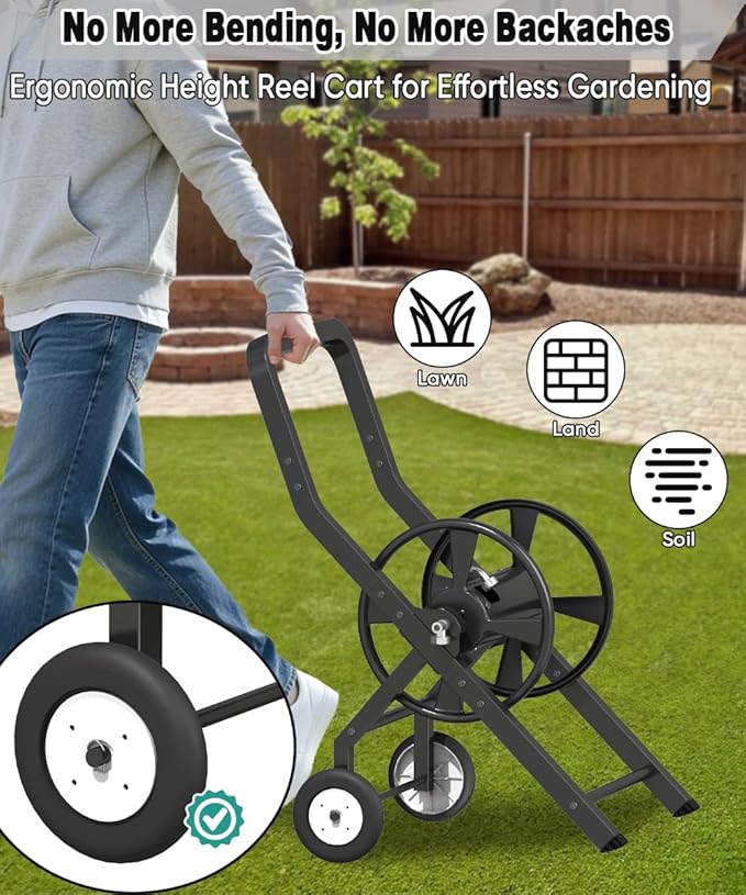 Garden Hose Reel Cart with Wheels, Outdoor Heavy Duty Powder-coated Steel Water Storage Winder Holder, Holds 125 ft of 5/8’’ Hose with 3.9 Ft Leader Hose for Outside Lawn Yard, Black