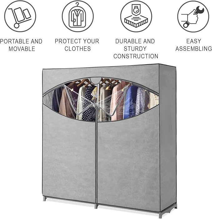 Wardrobe Clothes Storage Organizer Closet with Hanging Rack - Extra Wide - Grey Color - No-Tool Assembly - Extra Strong and Durable - 60" L x 19.5" W x 64"