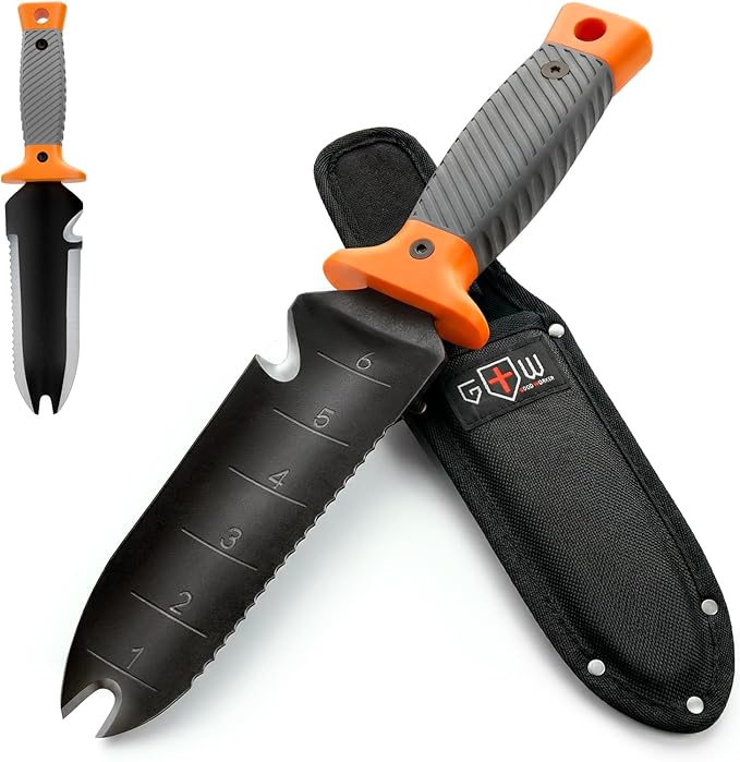 Hori Hori Garden Knife 7" with Sheath – Heavy Duty Stainless Steel Multi-Purpose Tool for Weeding, Digging & Planting, Serrated & Straight Full-Tang Blade with Weeding Fork, Safety Non-Slip Handle