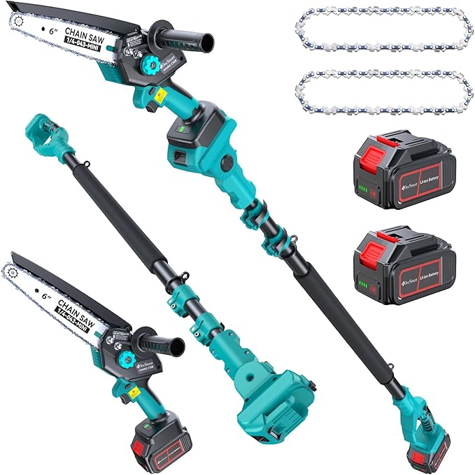 Electric Pole Saws for Tree Trimming, 2x4000mAh Brushless Mini Chainsaw Cordless with Extension Pole, Battery Powered Hand Held Chain Saw Pole Pruner for Cutting Tree Limbs, Gifts for Father's Day