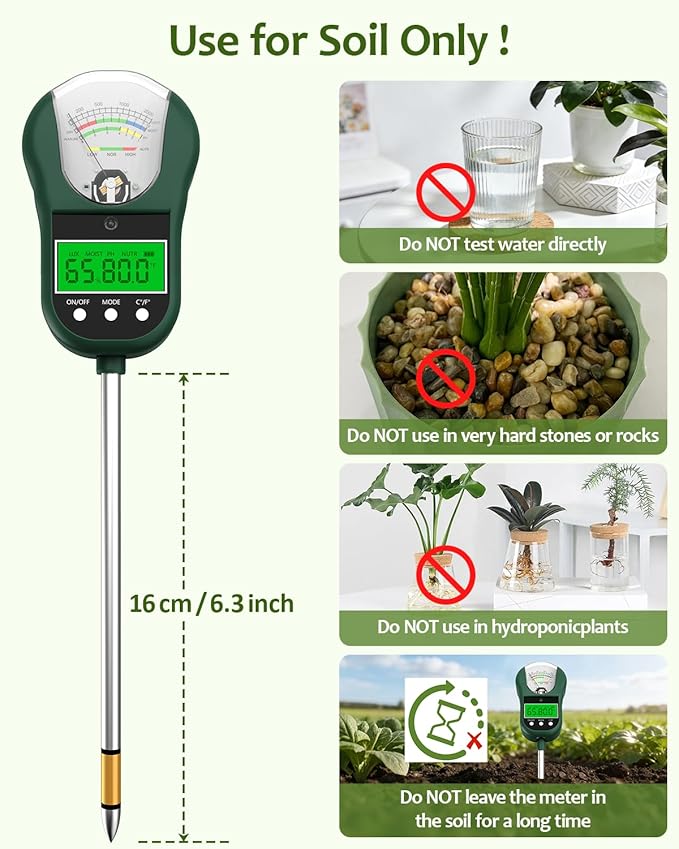 7-in-1 Soil Test Kit, Soil Moisture Meter/pH Meter/Light Intensity/Fertility/Air & Soil Hygrometer Temperature with Large Dual Display for Garden,Lawn, Farm, Indoor Outdoor Plants-DarkGreen