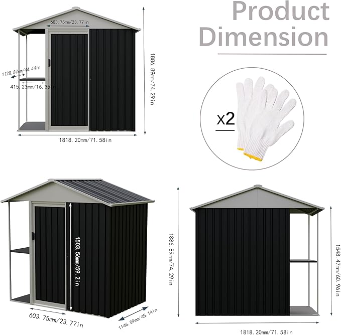 6'x4' Outdoor Storage Shed with External Rack and Shelves, Heavy Duty Metal 2-in-1 Garden Tool Buliding Shed with 1.3'x3.7' Open Side Storage Area for Bike, Lawn, Patio, Backyard
