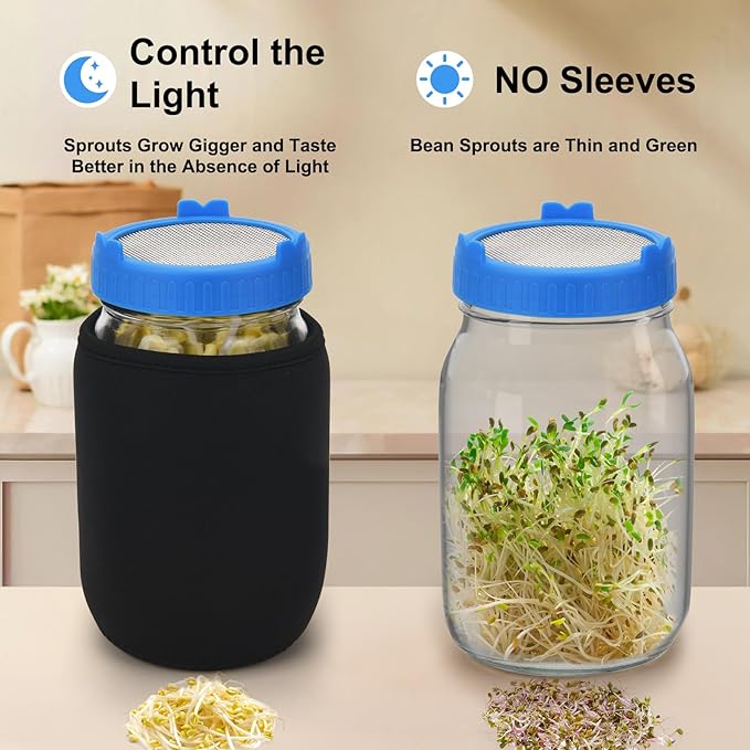 Lulonpon Sprouting Kit, 2 Sprouting Jar Kits, Wide Mouth Quart Mason Jars with Stainless Steel Screen Sprout Lids,1000ml Sprouts Growing Kit, Seed Sprouter Set for Growing Broccoli, Bean, Alfalfa