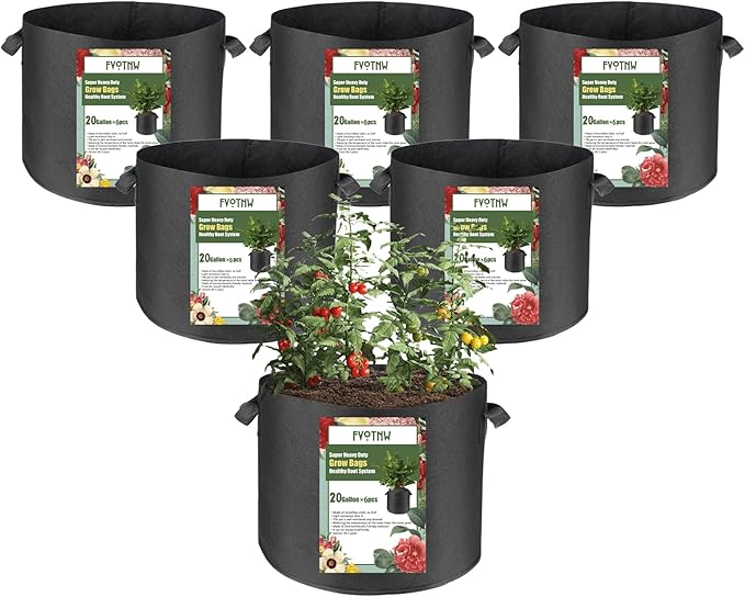 6-Pack 20 Gallon Grow Bags, 300g Non-Woven Fabric Planting Bags with Handles, Breathable Drainable Planter Bags for Vegetables, Flowers and Indoor Outdoor Gardening