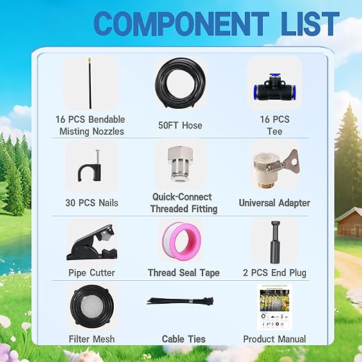 360° Adjustable Drip Irrigation System - 50FT 15/32inch Hose, High Water Flow，No Drying Out，Garden Watering Atomizing System with 16 Copper Nozzles，Suitable for Gardens, patios, Plants, Farms