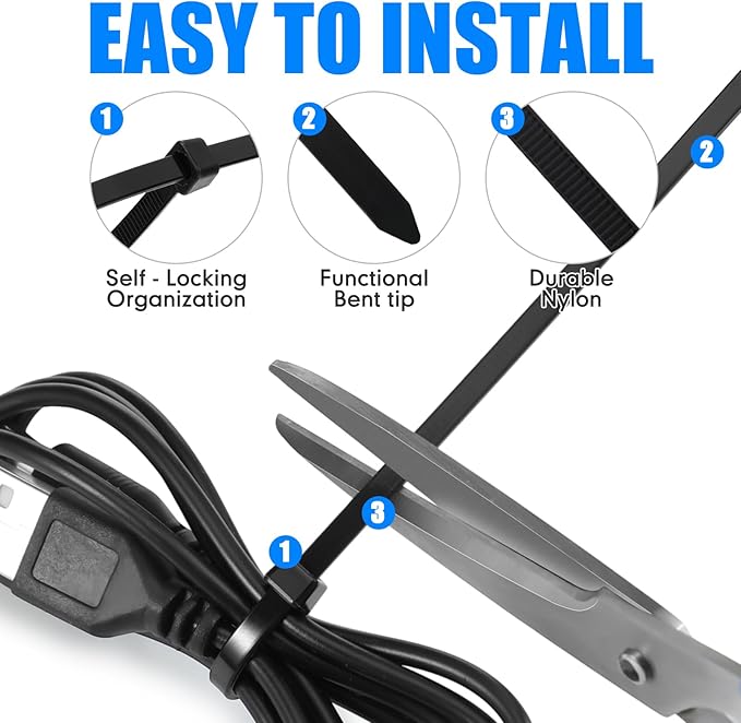 3000 Pieces Cable Zip Ties Bulk Heavy Duty Cable Ties Nylon Tie Wraps Self Locking Wire Ties for Plants Gardening Farming Grid Wall Fence Indoor and Outdoor (4"6"8"12",Black)