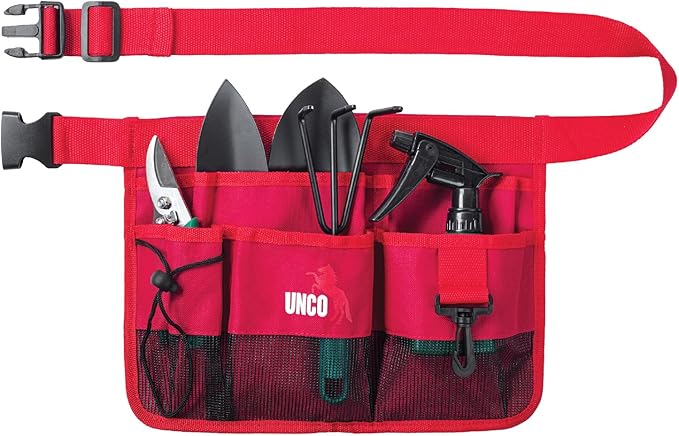 UNCO- Adjustable Gardening Belt, Red, 7 Pockets, Wear, Cut and Water Resistant, Garden Tool Belt Pouch, Waist Apron with Pockets