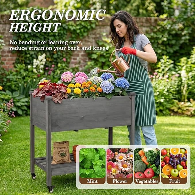 Raised Garden Bed with Lockable Wheels, 32x16x32 inch Elevated Wood Planter with Storage Shelf Protective Liner for Vegetable Flower Herb Outdoor Balcony Patio Backyard, Grey