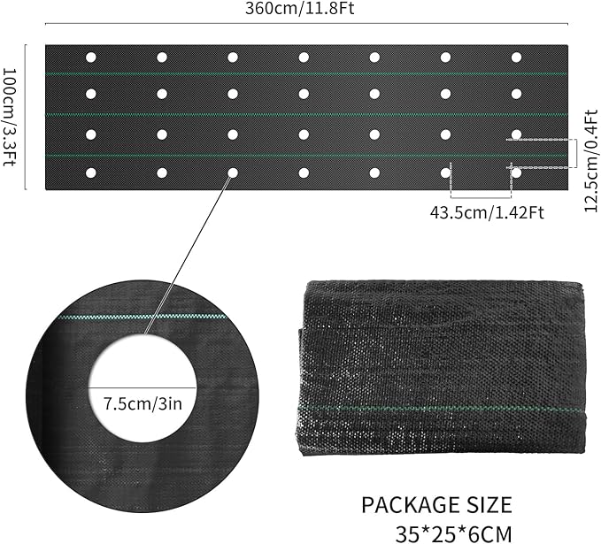 Weed Barrier Landscape Fabric with 3'' Planting Holes,Garden Weed Barrier Fabric 3.3 Ft X 11.8 Ft Heavy Duty Weed Block Gardening Mat Soil Erosion Control and UV Stabilized